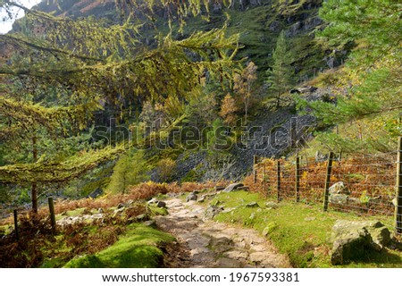 Scenic sunset view of Great Langdale valley in the Lake District, famous for its glacial ribbon lakes and rugged mountains. Popular vacation destination in Cumbria, North West England.