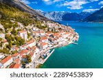 Scenic town of Perast in Boka Kotorska bay aerial view, archipelago of Montenegro
