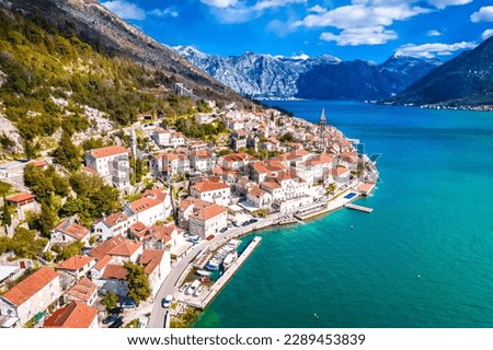 Scenic town of Perast in Boka Kotorska bay aerial view, archipelago of Montenegro