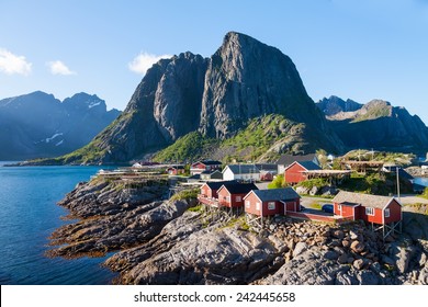 Scenic Town Of Reine By The Fjord On Lofoten Islands In Norway On Sunny Summer Day