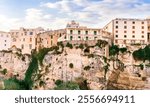 scenic travel landscape of beautiful historic town Tropea in Italy with old antique buildings, vintage houses on a high rock cliff above sea and amazing blue sky on background