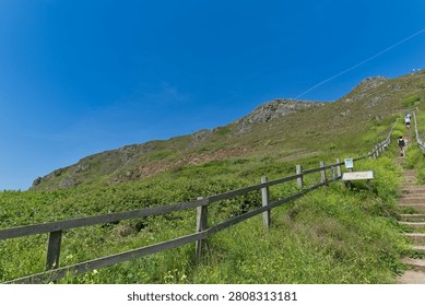 A scenic uphill walking path, lined by a wooden fence, ascends a grassy hill under a clear blue sky at Brean Down. Figures are visible enjoying the trail in the distance.