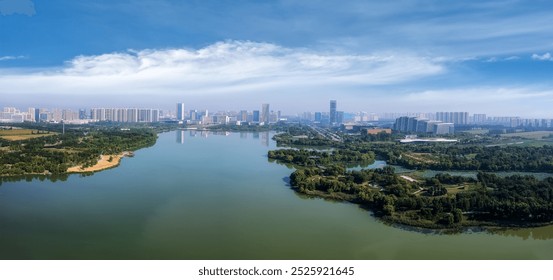 Scenic Urban River View: Nature Meets Modern City Skyline   - Powered by Shutterstock