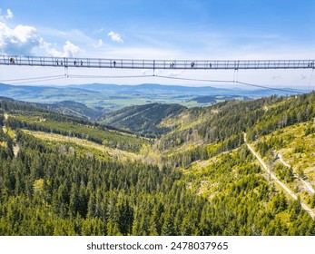 A scenic view of the 721 Sky Bridge in Czechia, showcasing the long, suspended walkway overlooking a valley of dense green forest. - Powered by Shutterstock