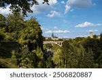 Scenic View of Adolphe Bridge and Notre-Dame Cathedral over the Pétrusse Valley on a Summer Day - Luxembourg City