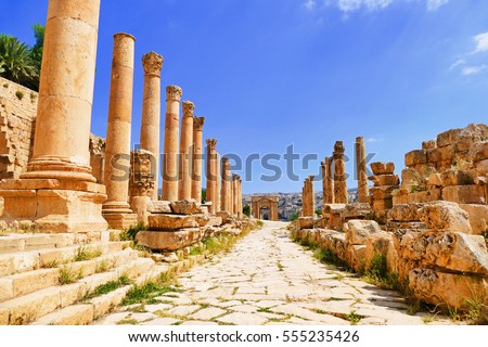 Scenic View Ancient Greco-Roman Corinthian Columns on Colonnaded Cardo to The North Tetrapylon in The Historic Roman City of Gerasa in Jerash, Jordan