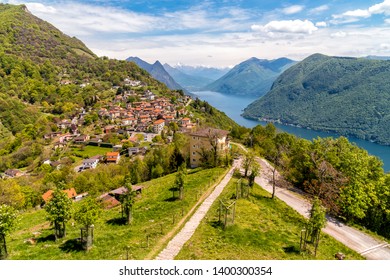 Scenic View Of Ancient Small Village Brè-Aldesago Over The Lake Lugano From Monte Bre, Ticino, Switzerland