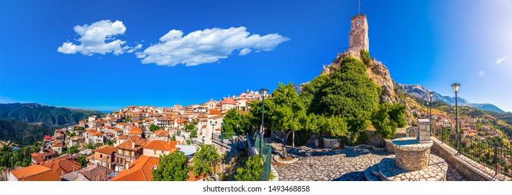 Scenic view of Arachova Village. Arachova is famous for its panoramic view, uphill small houses and the cobbled streets show a picturesque architecture at Parnassos Mountain,  Greece. - Shutterstock ID 1493468858