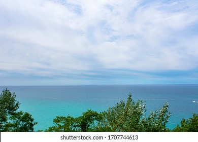 Scenic View Of Arcadia And Lake Michigan At Inspiration Point Along M-22 In Michigan's Lower Pennisula West Coast. Large Sand Dunes And Lookout Tower. Calm And Peaceful Scene On Summer Day.