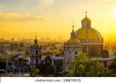 Scenic view at Basilica of Guadalupe with Mexico city skyline at sunset, Mexico