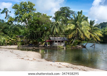 Scenic view of beach with palm trees and tourist resort, Trinidad, Trinidad and Tobago