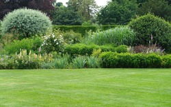 Malowniczy Widok Na Piękny Ogród Krajobrazowy W Stylu Angielskim Z Zielonym Trawnikiem I Kolorowym łóżkiem Kwiatowym
