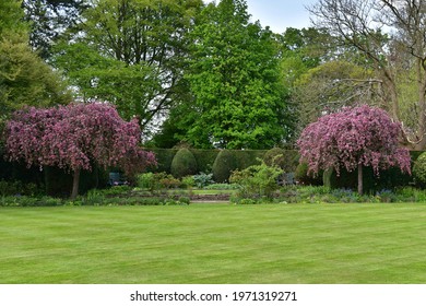 Scenic View Of A Beautiful English Style Landscape Garden With A Green Freshly Mowed Lawn, Colourful Flower Bed And Leafy Trees