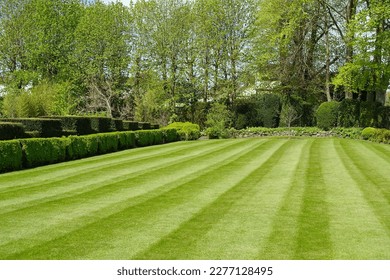 Scenic view of a beautiful English style landscape garden with a freshly mowed striped grass lawn and green leafy plants - Shutterstock ID 2277128495