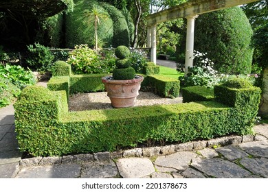 Scenic View Of A Beautiful Formal Garden With Verdant Topiary Hedge