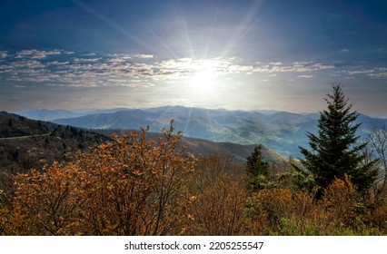 Scenic view from the Blue Ridge Parkway, sunset over the Smoky and Blue Ridge Mountain Range. - Shutterstock ID 2205255547