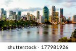 Scenic view of Brisbane River and Cityscape from Kangaroo Point Cliffs late afternoon. HDR image.