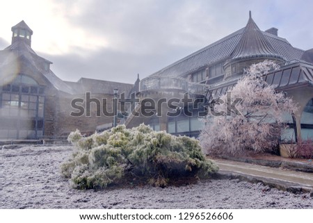 Scenic view of building and bushes covered by ice and snow in Niagara Falls in Canada. Beautiful depressive winter look of house and garden on Niagara river