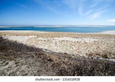 Scenic View Of Cape Cod National Seashore On A Sunny Spring Day. Seagrass And Sand In The Photo