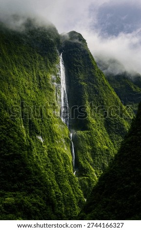 Scenic view of Cascade Blanche, Reunion, France. With a height of 640m, it is one of the tallest waterfalls in the world and the third highest in France