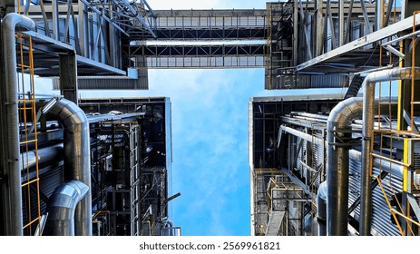 Scenic View of a Circulating Fluidized Bed Boiler from the Central Perspective Between Two Units. 