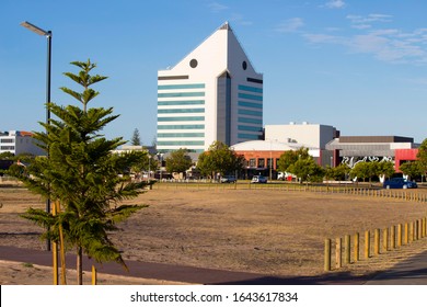 Scenic View Of The City Landscape With New Pine Trees Planted From The Cycleway Near The Blue Leschenault Estuary In Bunbury, Western Australia On A Sunny Early Morning In Summer.