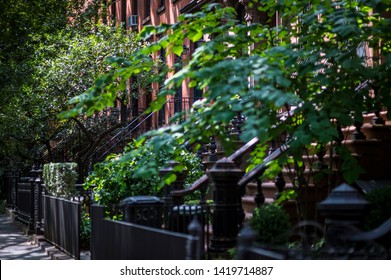 Scenic View Of A Classic Brooklyn Brownstone Block With A Summer Greenery Along The Stoop Balustrades In New York City