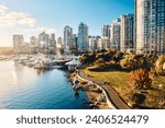 Scenic view of Coal Harbor, Vancouver in autumn. Copy space. 