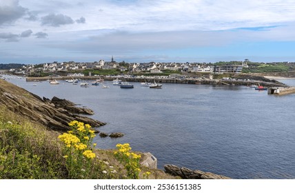 A scenic view of a coastal town of Conquet with numerous boats anchored in a calm bay, surrounded by lush greenery and traditional buildings - Powered by Shutterstock