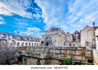Scenic view at Diocletian Palace walls, old ruins at city Split, famous touristic attraction in Croatia, Europe. / Selective focus.