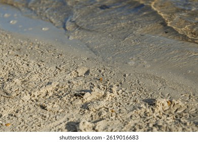 Scenic view of the Dnipro River in Kyiv with soft waves, wet sand, and clear blue water under sunlight. Peaceful natural atmosphere perfect for travel, nature, and landscape concepts