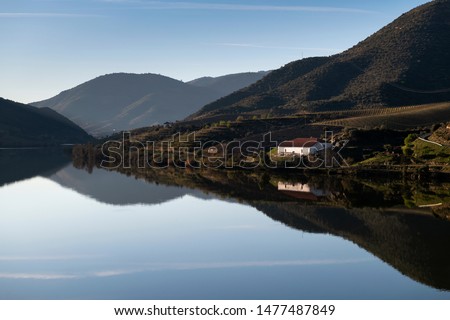 Scenic view of the Douro River with terraced vineyards near the village of Foz Coa, in Portugal; Concept for travel in Portugal and most beautiful places in Portugal