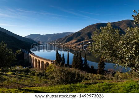 Scenic view of the Douro River with terraced vineyards near the village of Foz Coa, in Portugal; Concept for travel in Portugal and most beautiful places in Portugal