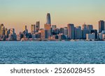 Scenic view of downtown San Francisco California USA with skyline, view from the ocean early morning at sunrise