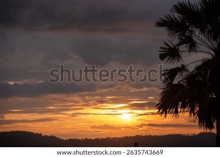 Scenic view dramatic beautiful sunset sky. Natural Sunset Sunrise on meadow silhouette shadow dark land. Vibrant dramatic sky on sunset, dawn, sunrise in Countryside. Landscape Colorful Sky At Sunset