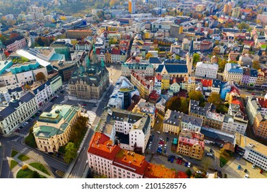 Scenic view from drone of Liberec cityscape with ancient Town Hall on sunny autumn day, Czech Republic