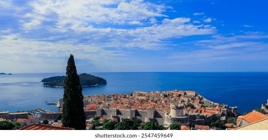 Scenic view of Dubrovnik Croatia showcasing its historic architecture and the Adriatic Sea under a clear blue sky - Powered by Shutterstock