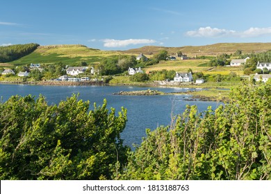 Scenic View Of Dunvegan Village, Isle Of Skye, On Beautiful Sunny Summer Day. Typical Scottish Countryside In Highlands By A Sea Loch