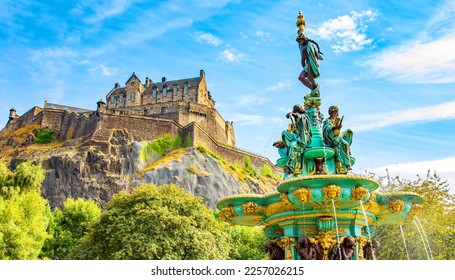Scenic view of Edinburgh Castle and Ross Fountain, Scotland travel photo. Edinburgh Castle is historic center of the city and most popular tourist attraction. - Shutterstock ID 2257026215