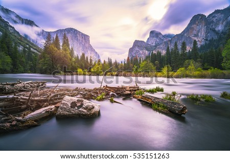 scenic view of El Capital and Cathedral cliff with river foreground,shoot in the morning in spring season,Yosemite National park,California,usa.