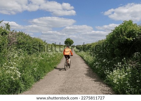 Scenic view of a English country lane with green leafy hedgerow, blue sky above and a lone cyclists in the distance