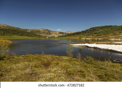 Scenic View Of Eohippus Lake Below Monarch Mountain On Great Hiking Trail In Banff National Park, Canadian Rocky Mountains