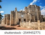 Scenic view of the exterior of the Cathedral de Santa Maria la Menor in Santo Domingo, first and oldest catholic basilica in the Americas, Ciudad Colonial historic district, Dominican Republic