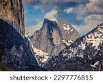 Scenic view of the famous Half Dome granite rock formation in the Yosemite National Park, Sierra Nevada mountain range in California, USA