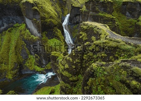 Scenic view of Fjadrargljufur canyon, south of Iceland. Popular tourist destination with breathtaking landscape. Canyon is  about 100 meters deep and two kilometers long