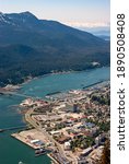Scenic view of Gastineau Channel, Douglas Island, and Downtown Juneau from the top of Mt. Juneau in Alaska during Summer