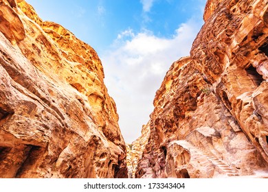 Scenic view of gorge in the Nabataean ruins of Siq al-Barid, Jordan.  It is known as the Little Petra.