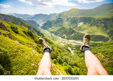 Scenic View At Gudauri View Point Monument While Paragliding At Summer Day With Feet