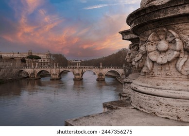 Scenic view of a historic stone bridge with multiple arches, statues, and intricate classical European design. Location may be the Tiber River in Rome, Italy. - Powered by Shutterstock