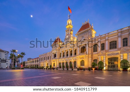 Scenic view of the Ho Chi Minh City Hall in Vietnam. Ho Chi Minh City is a popular tourist destination of Asia. Statue of Ho Chi Minh and People's Committee Building
